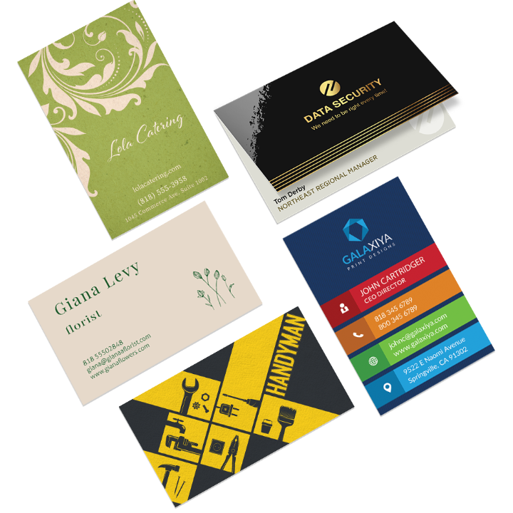 Collection of various business cards with different designs and colors on a white background.
